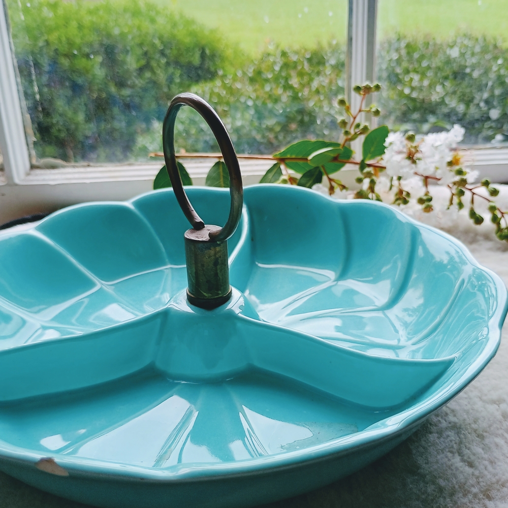 Vintage, Mid-Century, California Pottery aqua 3 section candy Dish, Serving Dish - Picture 6 of 10